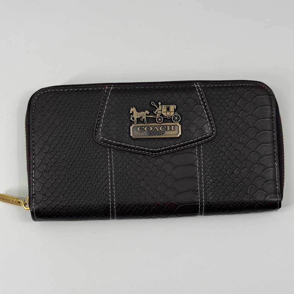 Coach Brown Faux Snakeskin Zip Around Wallet Horse and Carriage Logo